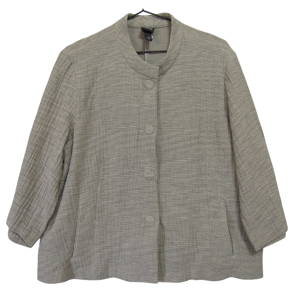 Eileen Fisher Jacket Womens Beige Good Cotton Textured Mandarin Collar 3/4 Slv